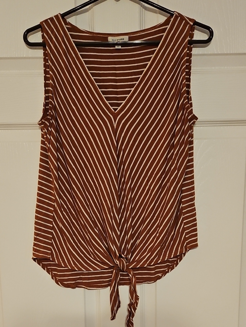 Max Studio Chicolate Brown & White Striped Tie-Front V-Neck Tank
